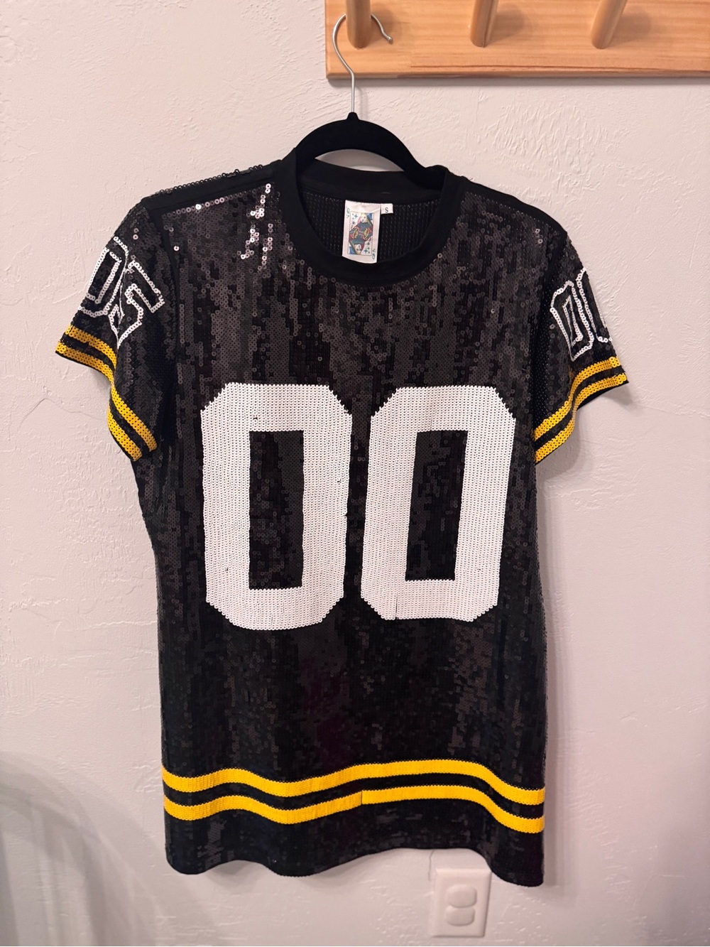 Black Sequin Football Jersey T Shirt Style Mini Dress Black & Gold Steelers NWOT
